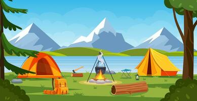 zomer kamp in Woud met vreugdevuur, tent, rugzak en lantaarn. tekenfilm landschap met berg, Woud en camping. uitrusting voor reis, hiking. vector illustratie in vlak stijl