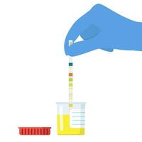 hand- in wit handschoen Holding urine strip voor diagnose urine- kanaal infectie geïsoleerd Aan wit achtergrond. medisch inspectie. vector illustratie in vlak stijl