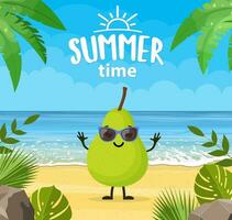 grappig zomer banier met fruit karakters. tropisch strand. zomer landschap. tekenfilm Peer tekens tropisch strand. vector illustratie in vlak stijl