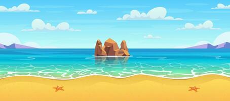 tekenfilm zomer strand. paradijs natuur vakantie, oceaan of zee kust. zee strand landschap. zee landschap met stenen in water en wolken in blauw lucht. vector illustratie in vlak stijl