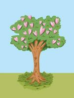boom met hart vormig fruit vector illustratie geïsoleerd Aan duidelijk lucht en gras gekleurde verticaal achtergrond. gemakkelijk vlak tekenfilm gestileerd tekening. februari Valentijnsdag dag themed kunst.