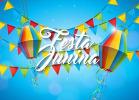 Festa Junina-illustratie met partijvlaggen en papieren lantaarn op gele achtergrond. Vector Brazilië juni Festival ontwerp voor wenskaart, uitnodiging of vakantie Poster.
