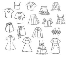 set van zwart-wit handgetekende doodle stijl jong meisje kleding. leuke kawaii meisjeskleding. vector eps 10