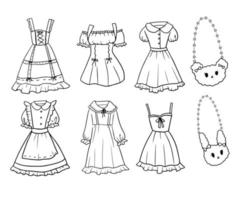 set van zwart-wit handgetekende doodle stijl jong meisje jurk outfit met teddybeer en bunny tas. leuke kawaii meisjeskleding. vector eps 10