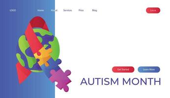 landen bladzijde wereld autisme bewustzijn dag met planeet lint puzzel stukken. Internationale solidariteit, aspergers dag. Gezondheid zorg, mentaal ziekte. sociaal media post voor poster, banier, omslag, kaart vector