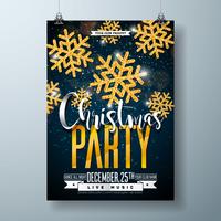 Vector Merry Christmas Party Poster ontwerpsjabloon met vakantie typografie elementen en glanzende gouden sneeuwvlok op donkere achtergrond.