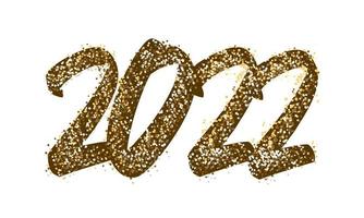 2022 gelukkig nieuwjaar belettering. tekst goud met heldere glitters. handgeschreven tekstbelettering in verf en kleur goud. feestelijke ontwerpsjabloon, wenskaart, poster, banner. vector illustratie
