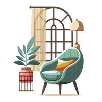 leven kamer modern interieur reeks met modieus Scandinavisch fauteuil. vector vlak stijl verzameling van meubilair voor huis geïsoleerd Aan wit achtergrond. comfortabel fauteuil, ingemaakt plant, lamp, venster.