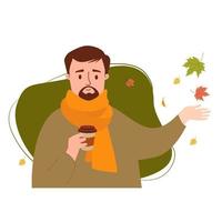 herfst mens. brunette met snor en baard in trui en sjaal met koffie en herfstbladeren vector