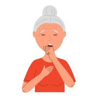 senior vrouw hoest. griep of verkoudheid symptomen in ziek mensen. vector illustratie van ongezond persoon