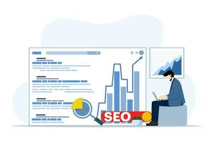 seo ranking positie verandering concept, zoeken scherm bladzijde met vergroten glas, vlak ontwerp stijl vector illustratie, seo, zoeken motor optimalisatie, top ranking concept, vlak vector illustratie.