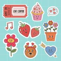 reeks van schattig vector liefde stickers in retro groovy stijl voor Valentijn dag. sticker badges en etiketten, romantisch themed vakantie Valentijn dag pak. romantisch tekening vector pictogrammen voor dagelijks planner, dagboek.