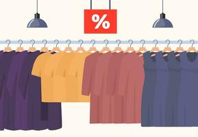 groot uitverkoop in kleding op te slaan. kleren winkel interieur, divers kleren Aan hangers en percentage teken Aan de rood uithangbord. vector illustratie.