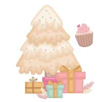 Kerstmis boom in roze decoratie tekenfilm illustratie vector clip art sticker