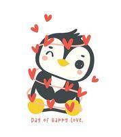 schattig pinguïn Valentijn met rood harten tekenfilm tekening, kawaii dier karakter illustratie. vector