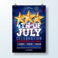 Onafhankelijkheidsdag van de VS partij Flyer illustratie met vlag en lint. Vector vierde juli Design op donkere achtergrond voor viering Banner, wenskaart, uitnodiging of vakantie Poster.