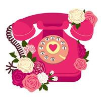 rood wijnoogst telefoon met rozen. een romantisch vaste telefoon telefoon met een boeket van rozen. een telefoon voor liefde berichten Aan Valentijnsdag dag. geïllustreerd vector clip art.