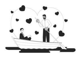 romantisch valentijnsdag dag vriendjes meer varen zwart en wit 2d illustratie concept. homo paar interraciaal tekenfilm schets tekens geïsoleerd Aan wit. in liefde metafoor monochroom vector kunst