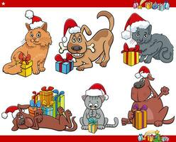 tekenfilm honden en katten met Kerstmis cadeaus reeks vector