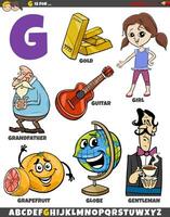 brief g reeks met tekenfilm voorwerpen en tekens vector