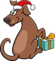 grappig tekenfilm bruin hond met Kerstmis Cadeau vector