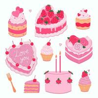 reeks van schattig roze cakes met aardbeien en kersen isoleren Aan een wit achtergrond. vector grafiek.