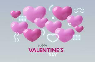 Valentijnsdag dag groet kaart of banier ontwerp met 3d roze harten en neon abstract decoraties vector