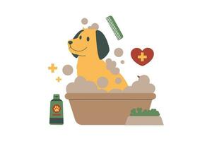 schattig hond nemen een bad in de badkamer. vlak stijl vector illustratie voor dier koesteren en adoptie