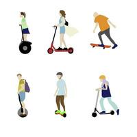 scooter hoverboard en vleet. individu elektrisch vervoer. vector Segway en skateboarder, longboard en monowiel, mono en gyro illustratie