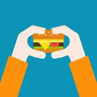 hand- Holding vers hamburger. snel voedsel menu symbool klaar naar eten in tekenfilm vector illustratie