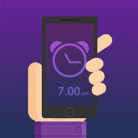 Een app met een klok en een wekker in de hand van de man vector