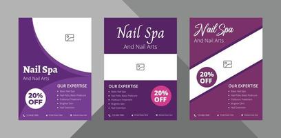 nagelsalon service flyer ontwerpbundel. spa nagelsalon service poster folderontwerp. bundel, 3 in 1, a4 sjabloon, brochureontwerp, omslag, flyer, poster, drukklaar vector