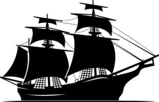 brigantine boot het zeilen in zee wateren geïsoleerd zeilboot met glasvezel kleding en vlaggen. vector monochroom marinier jacht. ai gegenereerd illustratie.