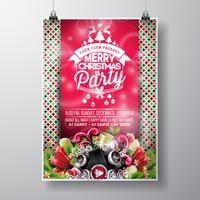 Vector Merry Christmas Party-ontwerp met vakantie typografie elementen en luidsprekers op glanzende achtergrond.