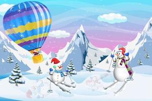 hete luchtballon kerst kerstman en sneeuwpop skiën wintertijd vector