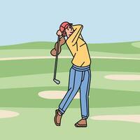 jong vrouw spelen golf Aan de Cursus lijn stijl illustratie vector