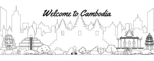 Cambodja beroemd mijlpaal in stadsgezicht tafereel silhouet lijn stijl voorkant van torens vector