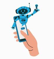 online communicatie met babbelen bot concept. robot antwoord klant in Chatbot onderhoud. dialoog tussen ai assistent en gebruiker boodschapper. vector