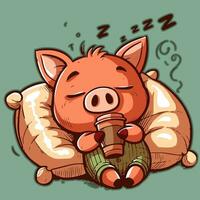vector tekening van een klein varken slapen Aan een hoofdkussen en drinken een kop van koffie. antropomorf dier wezen slaperig en moe Aan de ochtend-