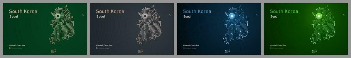 zuiden Korea creatief kaarten reeks met een hoofdstad van Seoel getoond in een microchip patroon met verwerker. e-overheid vector