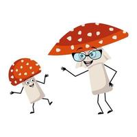 schattig amanita karakter met vrolijke emoties, glimlach gezicht, blije ogen, armen en benen. vliegenzwam paddenstoel uit bos met vriendelijke uitdrukking. grappige oma met bril en kleinzoon vector