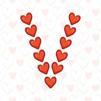 letter v van rode harten op naadloos patroon met liefdesymbool. feestelijk lettertype of decoratie voor valentijnsdag, bruiloft, vakantie en design vector