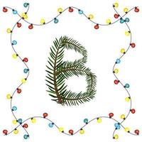 letter b van groene kerstboomtakken. feestelijk lettertype en frame van slinger, symbool van gelukkig nieuwjaar en kerstmis, teken van alfabet vector