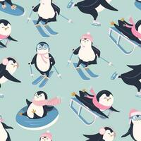 naadloos patroon met grappig pinguïns wie zijn verloofd in winter vermaak vector