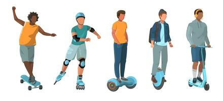 mans Aan een stad vervoer. reeks van jong mans rijden skateboard, gyro scooter, elektrisch eenwieler en andere persoonlijk vervoerders. vlak modern modieus stijl.vector illustratie. eco vervoer concept vector