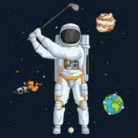 hand- getrokken astronaut in ruimtepak spelen golf, batsman kosmonaut over- ruimte raket en planeten vector