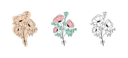 vrouw bloem boeket, linart stijl bloemen, geïsoleerd boeket met verschillend gekleurde inzetstukken. botanisch decoratief ansichtkaart ontwerp pastel reeks vector illustratie. logo spa welzijn schoonheid huidsverzorging