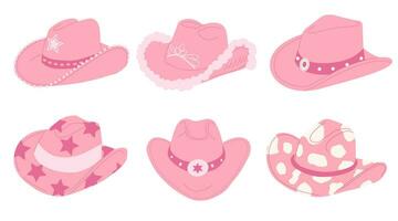hand- getrokken vrouw cowboy hoeden. roze veedrijfster hoeden vlak vector illustratie. verzameling van retro elementen. cowboy western en wild west thema.
