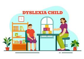 dyslexie kinderen vector illustratie van kinderen dyslexie wanorde en moeilijkheid in aan het leren lezing met brieven vliegend uit in vlak tekenfilm achtergrond