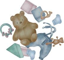 illustratie met teddy beer, baby kleren neutrale kleuren geïsoleerd Aan wit achtergrond. hand- getrokken pluche beer in pastel tinten. geschilderd baby speelgoed, kubussen. element voor verjaardag kaart, pasgeboren douche vector